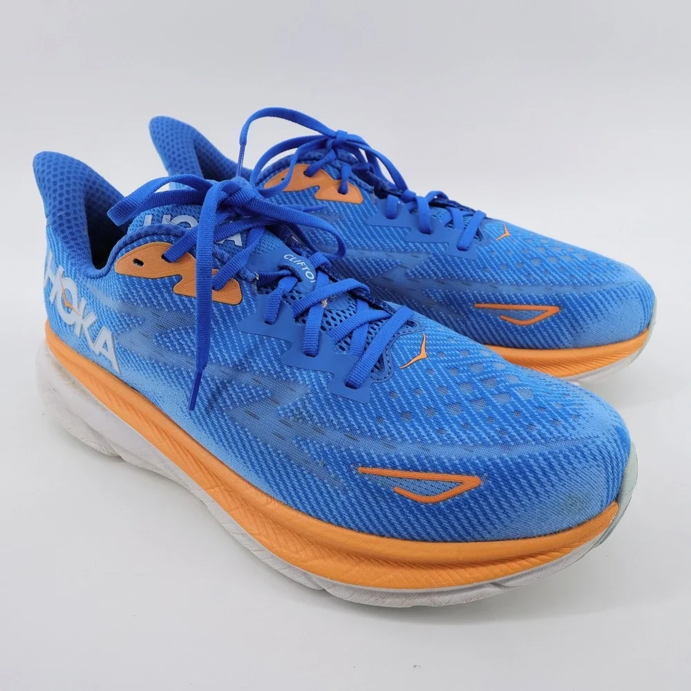 Hoka Clifton 9 Wide Running Shoes Blue Orange Mens 12.5 2E